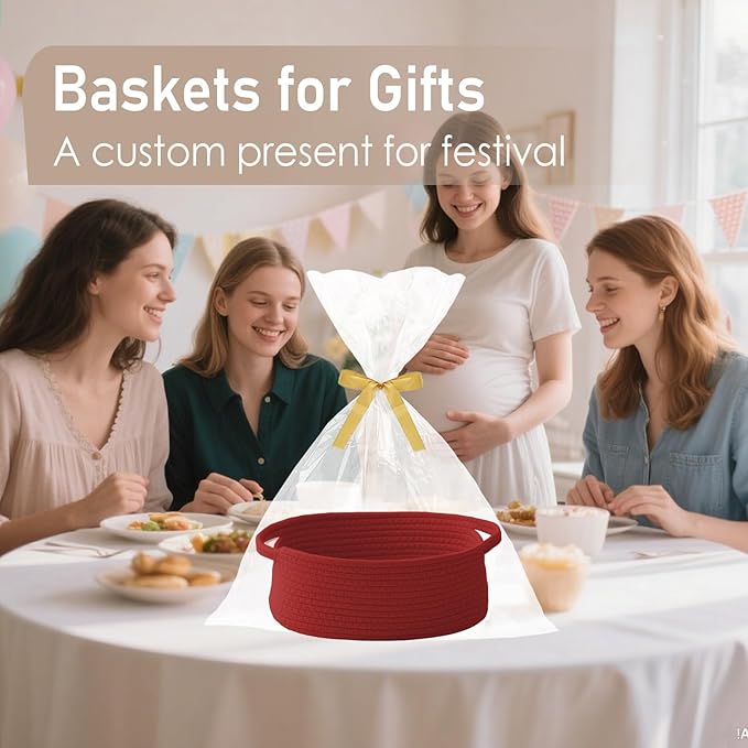 Woven Basket,Small Rope Storage Bin with Handles & Ribbon Bag, Organizer for Shelves Closets,Gift Basket Empty for Birthday,Books,Dog Toys, Red