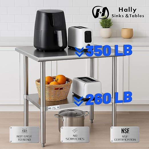 Hally Stainless Steel Table for Prep & Work 18 x 24 Inches, NSF Commercial Heavy Duty Table with Undershelf and Galvanized Legs for Restaurant, Home and Hotel