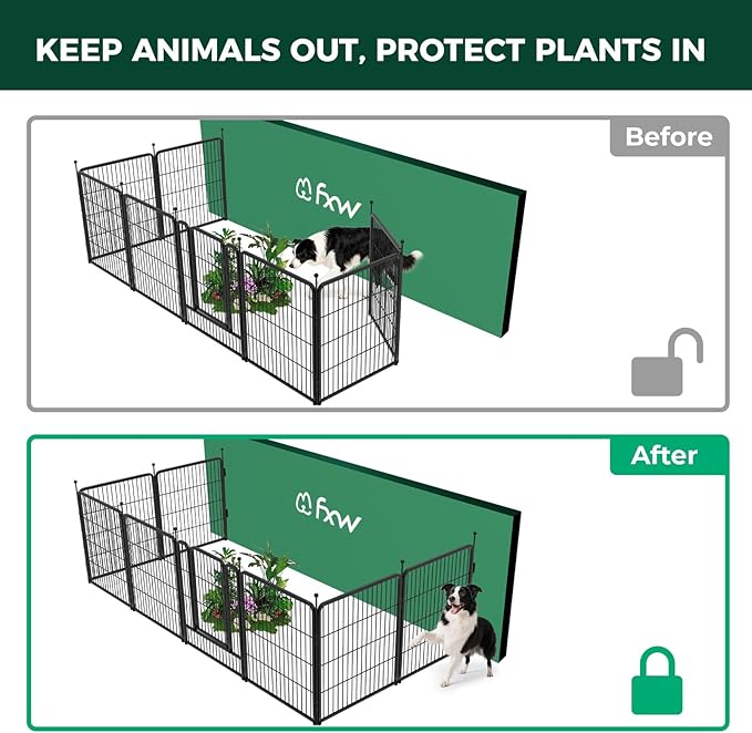 FXW Garden Fence Outdoor for The Yard – 32in(H) x 18.2ft(L) Heavy Duty Metal Animal Barrier for Dog and Rabbit, Decorative Dog Fence with Fence-to-Wall Anchor (Pack of 4), 8 Panels, Black