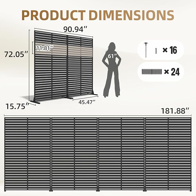 Privacy Fence Screen with Stand 6 Panel 72" H×47" W HDPE Decorative Panels with Steel Poles and Stand, Air Conditioner Fence Panels, Privacy Screen for Outdoor Backyard, Balcony, Pool