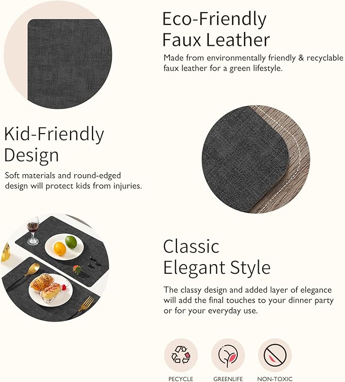 Maxpearl Faux Leather Placemats Set of 8 - Waterproof - Wipe Clean - Heat Resistant - Non Slip Dining Table Place Mats, Suitable for Indoor & Outdoor Use, 17’’x12’’, Black