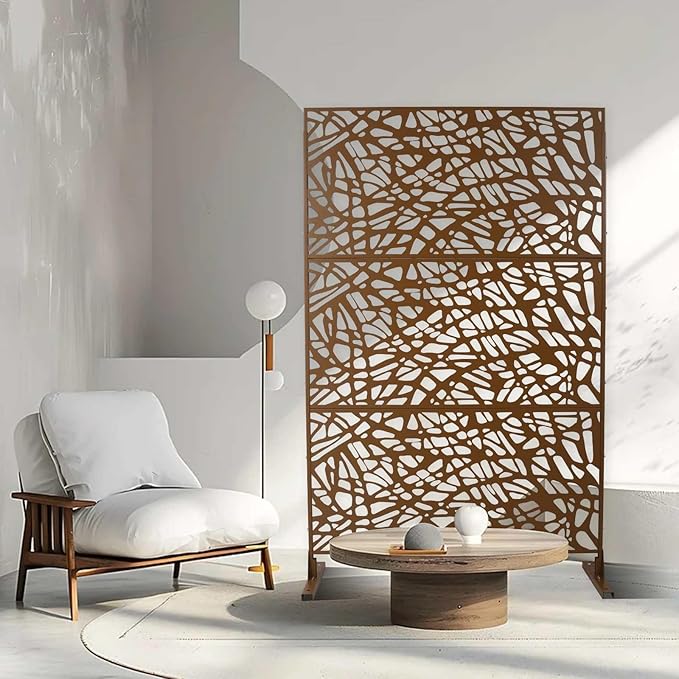 Outdoor Decorative Metal Privacy Screen Panel, 48" L x 16" W x 76" H, Steel Partition for Garden, Patio, and Backyard, Freestanding with Stable Base, Modern Geometric Design, Brown