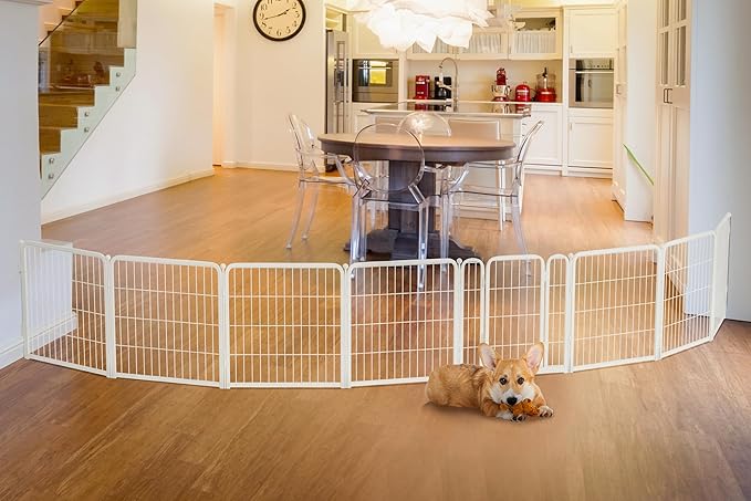 FXW Dog Gate Extra Wide Designed for Indoor Use, Adjustable Width Up to 183-inch Wide (24" H 8 Wire Panels for Puppies and Small Dogs), White