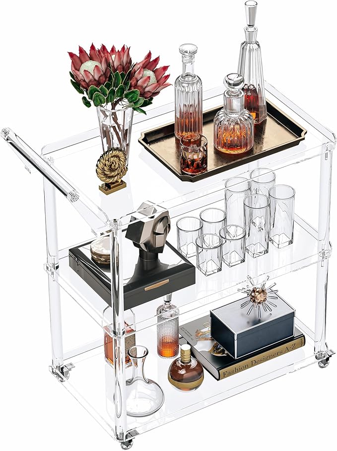 Dethan Acrylic Bar Cart with Lockable Wheels, Rolling Serving Cart with Pulling Handle, 3-Tier Clear for Home Bar, Kitchen, Living Room, Portable Beverage Space-Saving Modern Acrylic Trolley