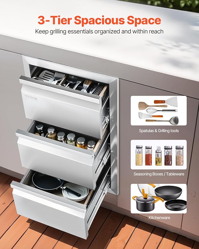 VEVOR Outdoor Kitchen Drawers 14.7" W x 25.4" H x 18.7" D, Box Frame Style Flush Mount BBQ Drawers with Stainless Steel Handle, BBQ Island Drawers for Outdoor Kitchens or Patio Grill Station