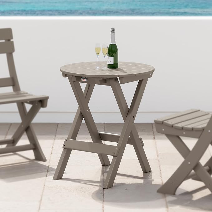 Costaelm Paradise HDPE Outdoor 24.5 Inch Round Portable Folding Patio Dining Table, Weathered Wood