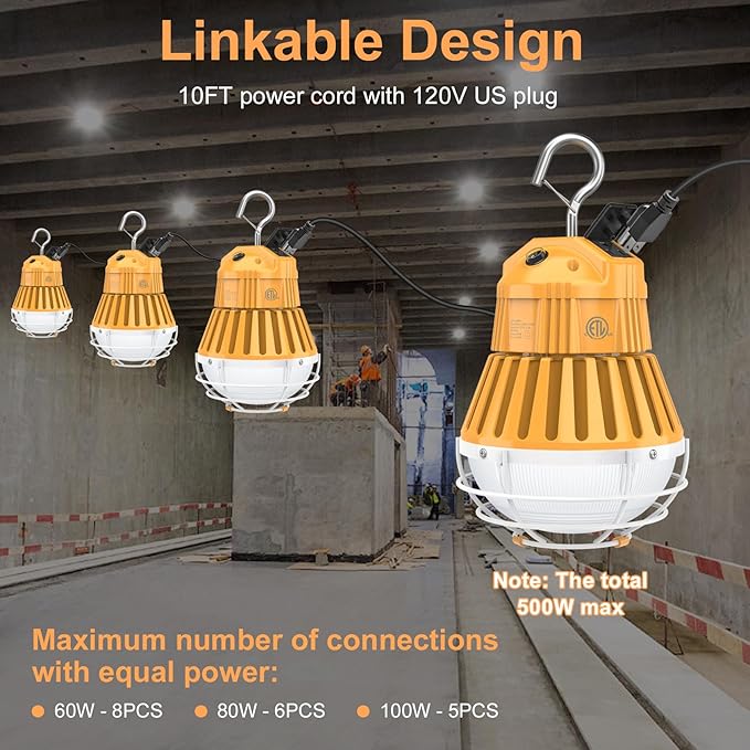 LED Temporary Work Light,48W/64W/80W Adjustable,4500K/5000K/5700K CCT Adjustable Construction Light with 10ft Cable Plug and Sturdy Hooks Linkable LED Work Job Site Lighting ETL Listed AC100-277V