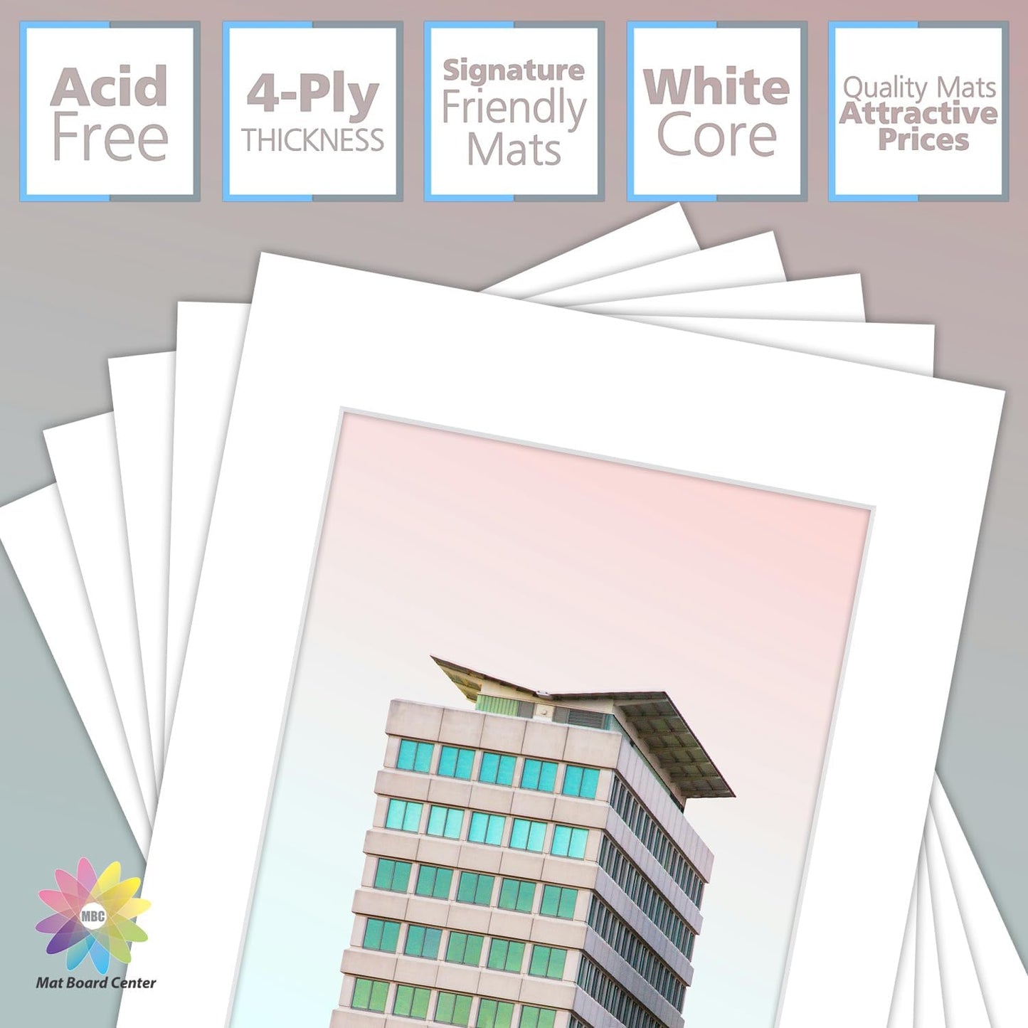 MBC Mat Board Center, 5 Pack 12x16 for 9x12 White Picture Mats Frame Mattes, Bevel Cut, Acid Free, 4-ply Thickness