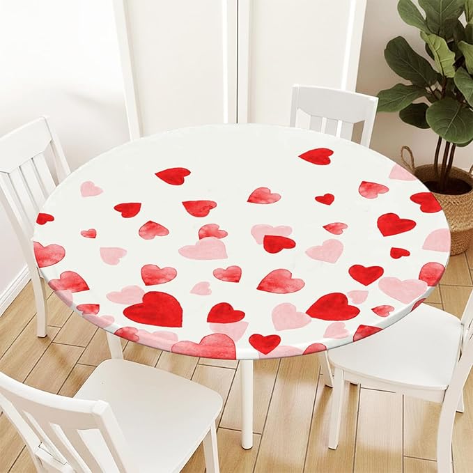 Valentines Day Round Fitted Tablecloth with Elastic Pink Red Love Heart Circle Table Cloth for 36-40" Round Tables Wipeable Waterproof Washable Valentine Table Cover for Picnic Dining Party Decor