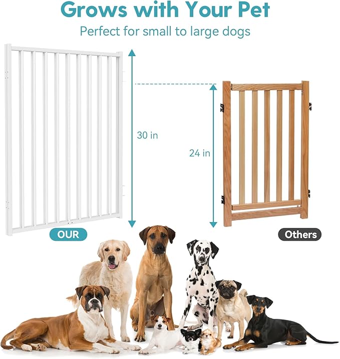 No Pawblems Free Standing Dog Gate with Door, 30'' Tall Foldable Dog Fence for Indoor & Outdoor, Up to 156" Extra Wide Puppy Gate for Stairs, Hallways, Doorways, Deck, Yard (Wood Pattern, 6 Panels)