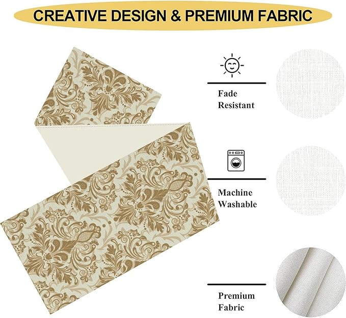 Damask Table Runner, Rustic Gothic Gold Baroque Style Floral Bohemian Boho Flower Antique Vintage Coffee Table Center Decor for Kitchen and Dining Outdoor Country Party Table Decorations, 13"x72"