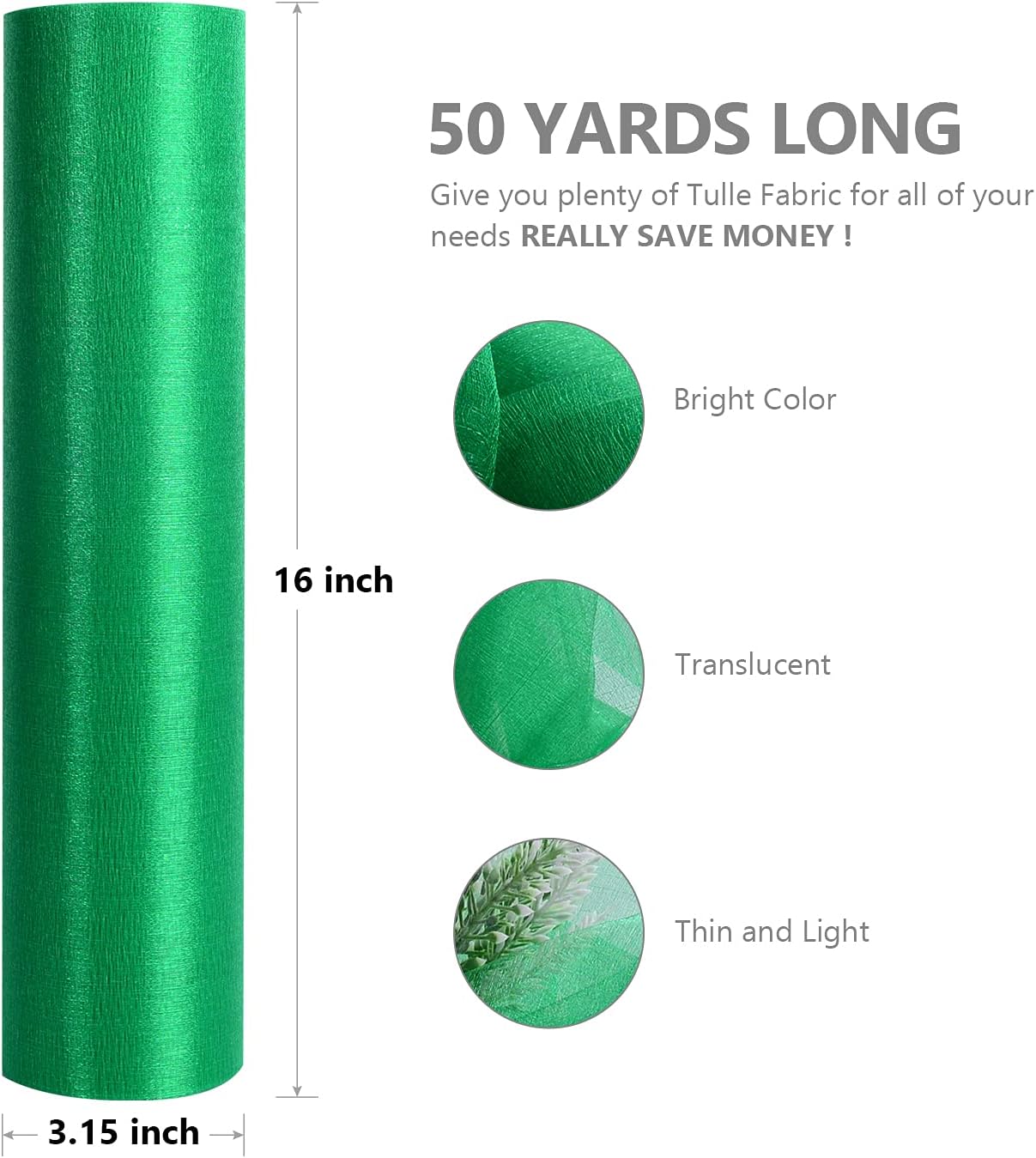 Crystal Organza Fabric Tulle - 16" by 50 Yards Sheer Fabric for Wedding Party Decoration Bridal Shower Tutu Roll Netting Spool Ribbon Wrapping (Green)