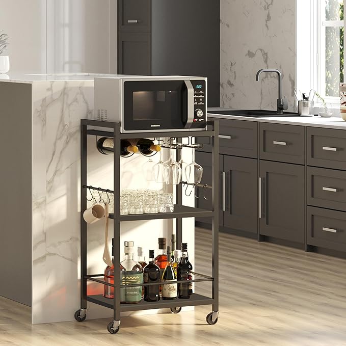 TUTOTAK Bar Cart, Home Bar Serving Cart, Microwave Cart, Drink Cart, Mobile Kitchen Shelf with Wine Rack and Glass Holder, Rolling Beverage Cart Living Room, Kitchen, Black BC01BK032