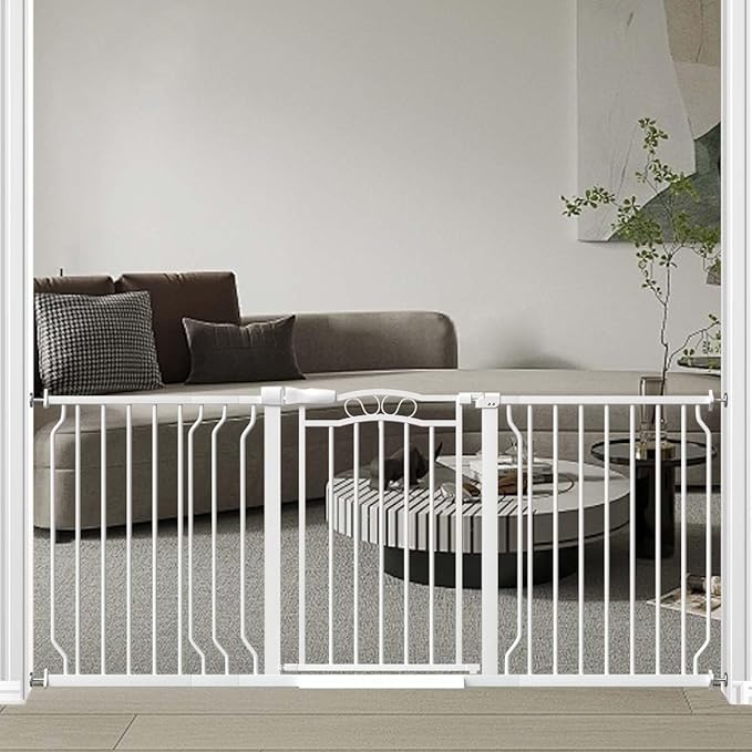 Fairy Baby 62.5"-71.6" Extra Wide Long Baby Gate for Doorways, Large Dog Gate for the House, No Drill Baby Gate for Stairs, Pressure Mounted Toddler Safety Child Gate Auto Close Pet Gate Indoor, White
