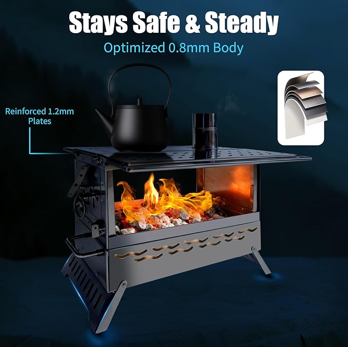 Hot Tent Stove, One-piece Molded Wood Burning Stove with Extra Baking Tray, Outdoor Stainless Steel Stove with 6 Chimney Pipes for Outdoor Heating, Cooking, Fishing(Non-Foldable, More Stable)