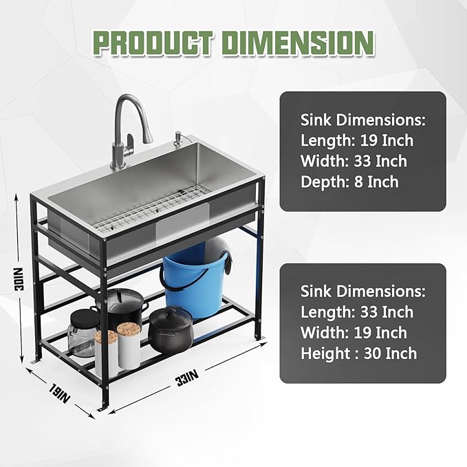 33x19 Inch Stainless Steel Utility Sink-Freestanding Laundry Sink Practicality With Accessories Stainless Functional Faucet,Soap Dispenser, SS Sink Grid For Laundry,Garage,Outdoor Kitchen,Garden...
