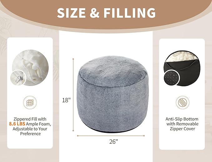 Round Pouf Ottoman Foot Rest Plush Ottoman Footstools for The Living Room Ottomans Stuffed Full of Foam Blocks 26"x18" Large Foot Stool Dark Grey Footrests Hassocks and Ottomans Set