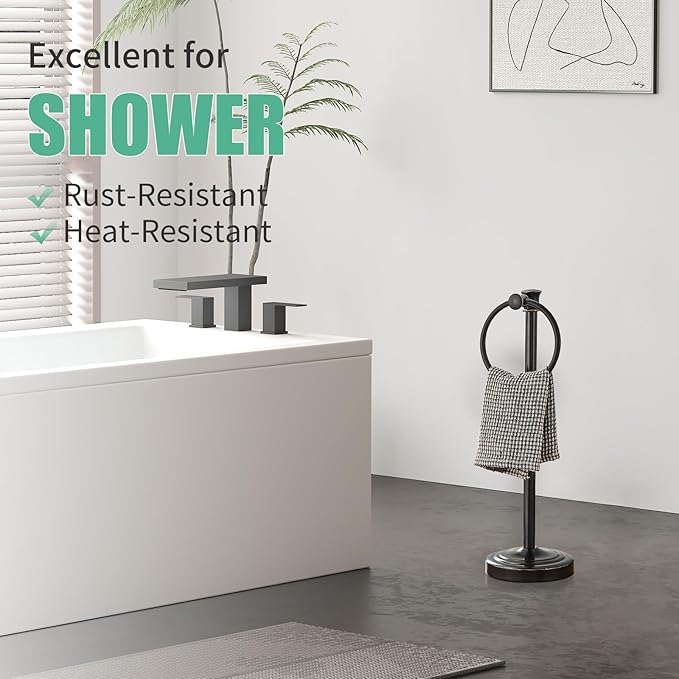 Hoimpro 17 Inch Stand Hand Towel Holder Towel Bar Towel Hanging Ring, Free Standing Floor Hand Towel Rack Storage for Bathroom Kitchen Vanity Countertops, Hardware Accessories(Oil Rubbed Bronze)