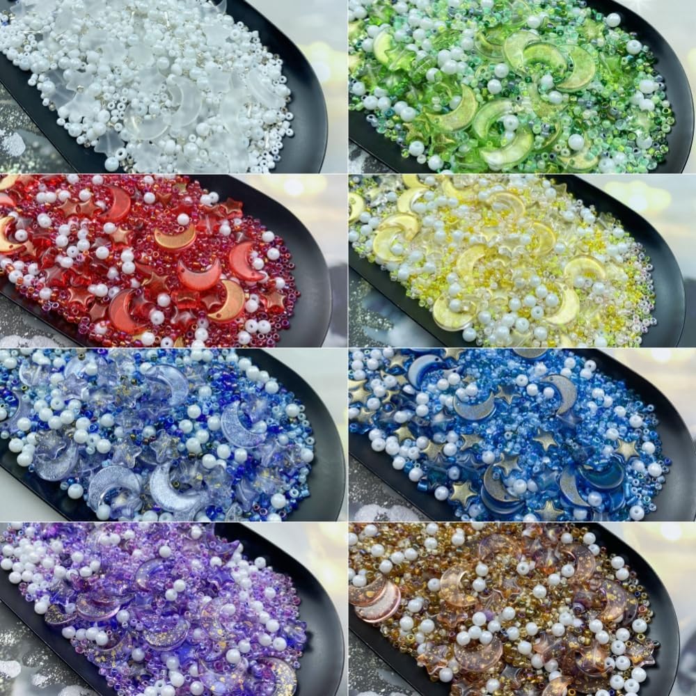 Assorted Glass Beads for Jewelry Making Multi Size Colors Glass Star Moon Seed Pearl Spacer Beads for Bracelets Necklace Earring Making(White Light Purple)
