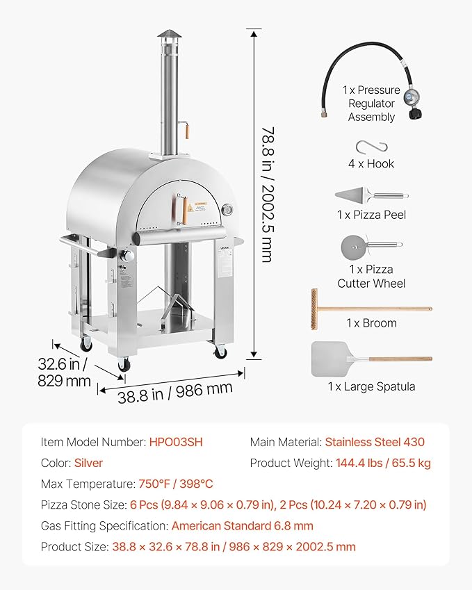 VEVOR Dual Fuel Pizza Oven Outdoor, 26 in Portable Pizza Oven, Pellet & Gas Powered Outdoor Pizza-Maker with Thickened Cordierite Pizza-Stone, Easy to Move with Casters, for Camping and Backyard