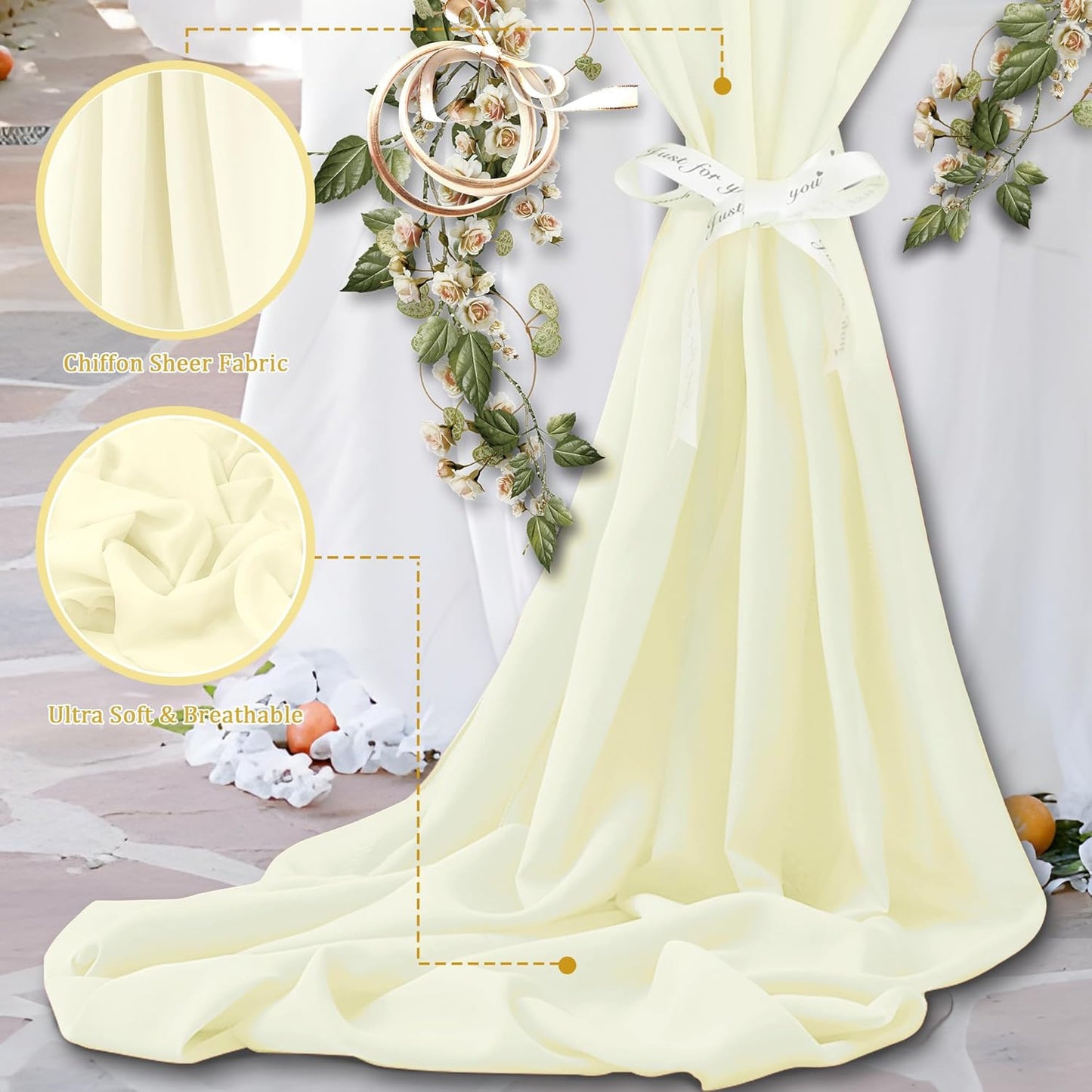 Horbaunal Ivory Chiffon Fabric by The Yard, 5 Yard Continuous Sheer Fabric 59" Wide Soft Draping Fabric for Wedding Arch Draping Party Backdrop DIY Sewing