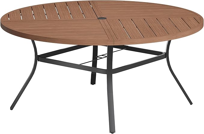VICLLAX Round Patio Table with Adjustable Umbrella Hole for 8, All Weather Metal Outdoor Dining Table for Lawn Garden, 59.8" Outdoor Coffee Table, Walnut Wood-Like Tabletop