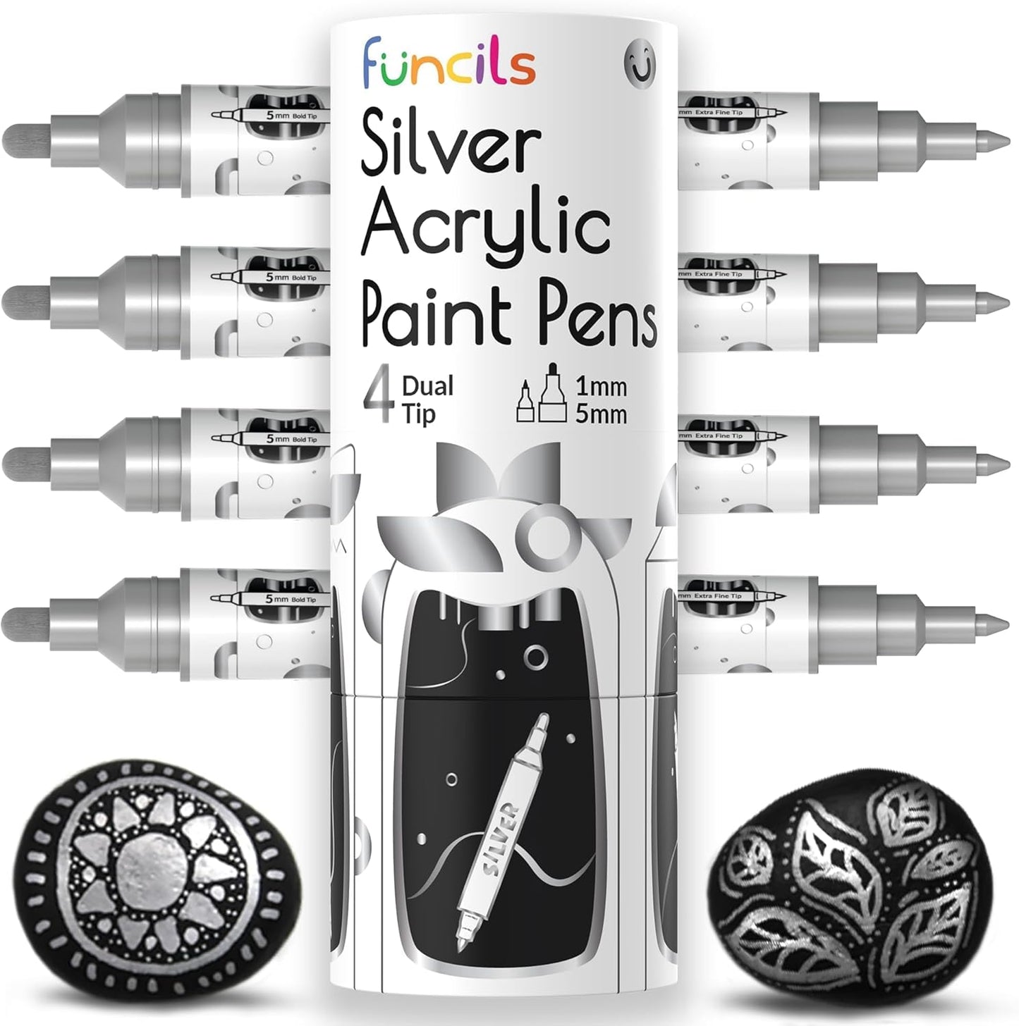 4 Acrylic Metallic Silver Paint Pen (Dual Tip) - Fine Tip & Medium, Acrylic Paint Markers - Silver Metallic Marker for Rock Painting, Canvas, Wood, Glass, Fabric, Metal and Plastic - Water-based Ink