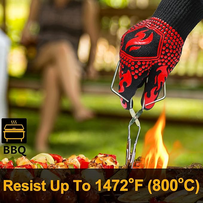 QUWIN BBQ Gloves, Oven Gloves 1472℉ Extreme Heat Resistant, Grilling Gloves Silicone Non-Slip Oven Mitts, Kitchen Gloves for BBQ, Grilling, Cooking, Baking-1 Pair… (One Size(Long Cuff), Red)
