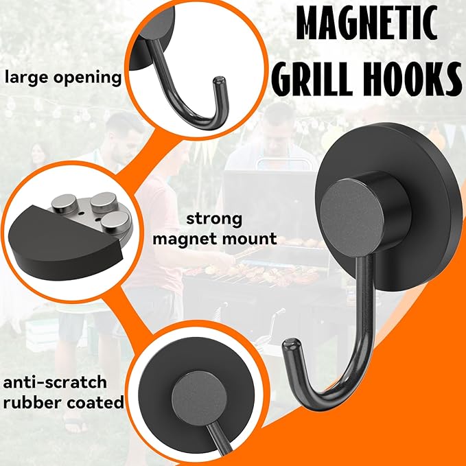 Strong Magnetic Grill Hooks, 2 Pack Magnetic Hooks for Grills Heavy Duty, Outdoor Grill Accessories Magnetic Hooks for Barbecue Tool, Utensils, Refrigerator, Kitchen