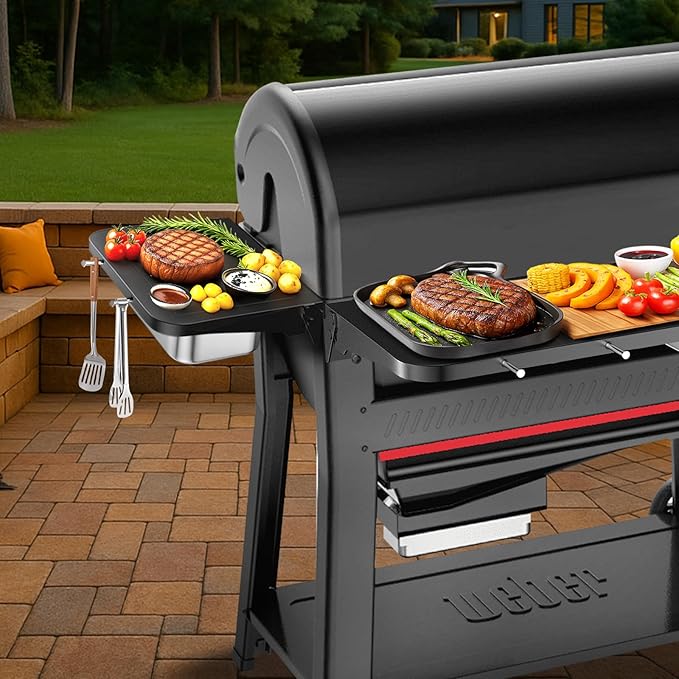 Utheer Grill Side Table Shelf for Weber Searwood 600/600XL – Foldable BBQ Prep Station with Works Cutting Board, Stainless Steel Basin, Lid & Hooks, Side Table for Weber Searwood 600 Accessories