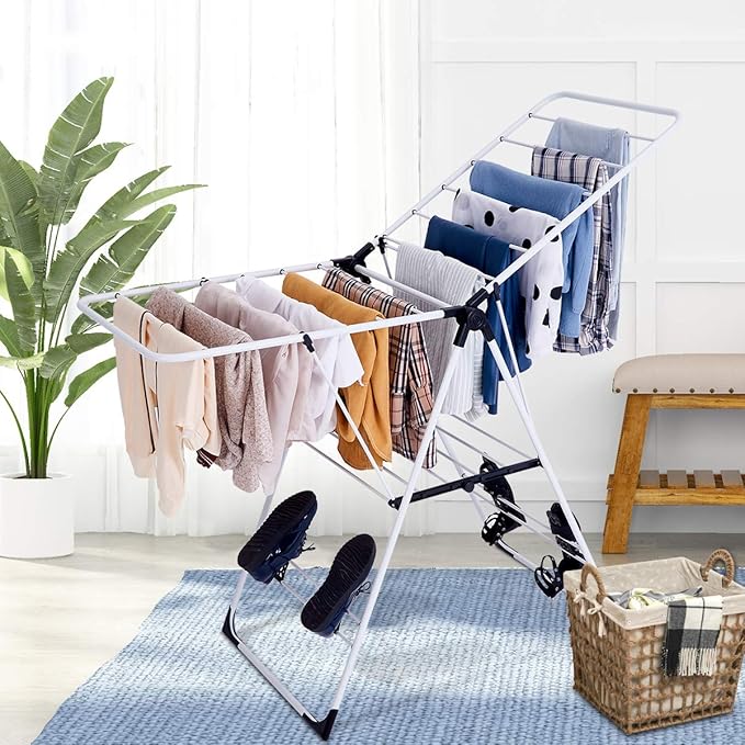 GOFLAME Steel Clothes Drying Rack with Adjustable Wings, Foldable Gullwing Collapsible Laundry Drying Rack with Shoe Holder and Shelves, Space Saving Drying Rack for Underwear, Socks, Pants
