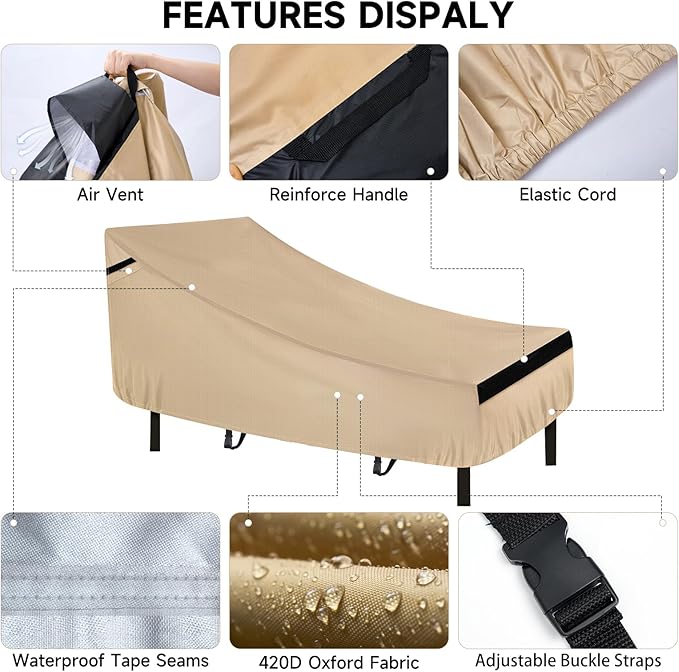NEVERLAND Waterproof Patio Lounge Chair Cover, Outdoor Chaise Lounge Covers with Heavy Duty Material, 420D Waterproof Outdoor Chairs Cover 78L x 34W x 32H inch Golden