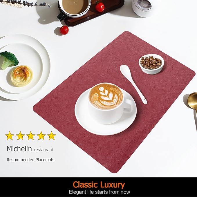 Vinyl Placemats Set of 6 Faux Leather 100% Waterproof Wipeable Washable Place Mats Heat Resistant Easy Clean Non-Slip Table Mats for Indoor Outdoor. (6,Red)
