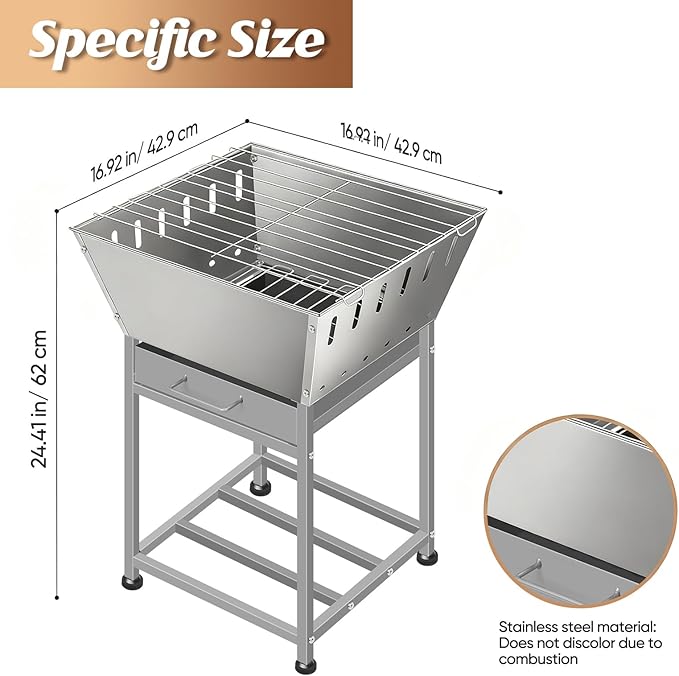 Stainless Steel Inch Square Wood Fire Pit with Grill, 2-in-1 Outdoor Firepit with Ash Pan and Wood Storage, Portable for Backyard, Patio, Camping Use