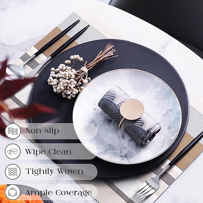 Set of 6 Colorful Striped Vinyl Placemats Heat-Resistant Washable Placemats Non-Slip Woven Table Mats Wipeable Placemat for Kitchen Dining Table Decoration Indoor Outdoor (Beige&Ivory)