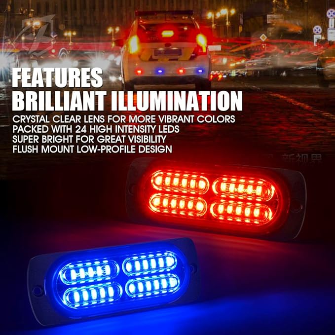 Xprite 24 LED Surface Mount Strobe Lights Kit with Control Panel, Grill Grille Side Marker Flashing Emergency Warning Police Light Assembly for Trucks Vehicles ATV UTV RV Cars Van Red Blue, 8PCS