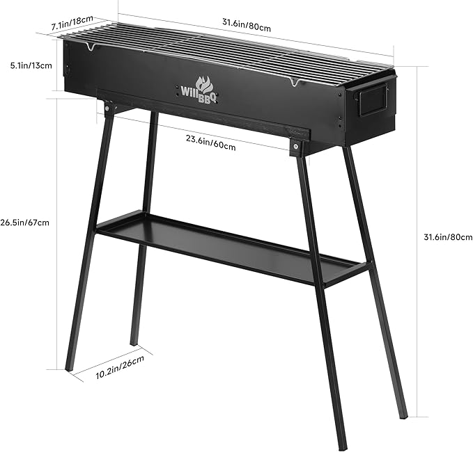 WILLBBQ Charcoal Grills Commercial Quality Portable Hibachi BBQ Folded Camping Barbecue Grill for Backyard Party Outdoor Cooking Use，Perfect Christmas Gifts for Dad (31.6x7.1x5.1 inch), BLACK
