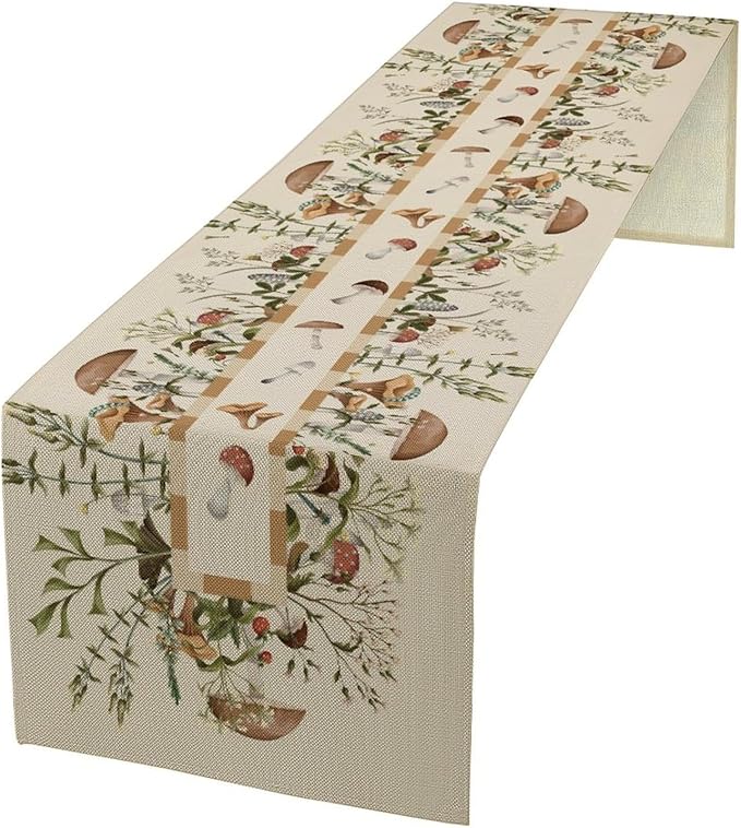 Wild Mushroom Table Runner, Retro Floral Plants Botanical Print Table Cover for Kitchen Dining Table Wedding Home Party Decor, 13x70inch