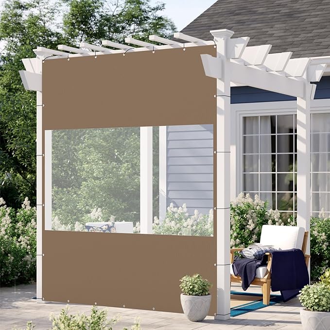 Domi Heavy Duty Outdoor Clear Panel Curtain, 18 oz Waterproof PVC Polyester Curtain, Weather Resistant & Tearproof for Patios, Gazebos, Pergolas, Privacy Screen (8'H x 7'W, Brown)