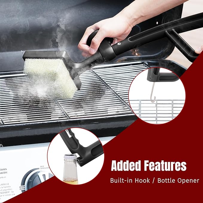 SHINESTAR Steam Grill Brush Bristle Free - Replaceable Cleaning Head with Unique Seamless-Fit Scraper, Durable Safe BBQ Cleaner for Cast Iron, Stainless-Steel & Various Grill Grate Types-Black