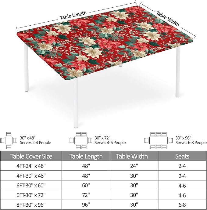 Rectangle Table Cloth Cover Waterproof Elastic Fitted Polyester Fitted Tablecloths for 4 Foot Tables for Indoor,Picnic, Camping, Outdoor （48" x 24"，Christmas Flowers）