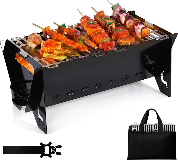 Lineslife 16 Inch Portable Camping Campfire Grill, Heavy Duty Charcoal BBQ Grill FirePit Grills with Stainless Steel Cooking Grate and Carry Bag for Outdoor Camping Backyard Party Cooking