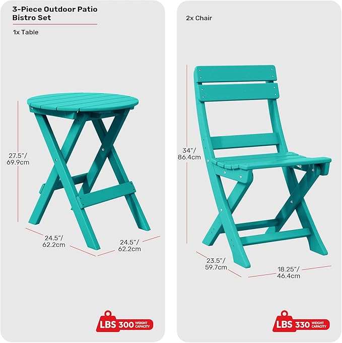 Costaelm Paradise 3-Piece Outdoor HDPE Folding Patio Bistro Table and Chairs, Turquoise
