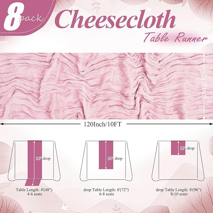 8 Packs Cheesecloth Table Runner 10FT Long Boho Gauze Fabric Table Runner Vintage Rustic Sheer Runners for Wedding Party Bridal Baby Shower Table Decorations (Light Pink)
