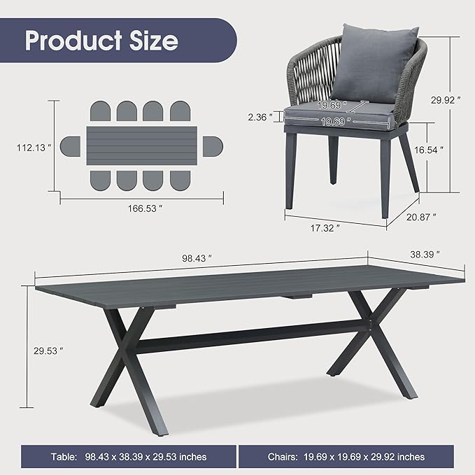 PURPLE LEAF 11 Pieces Patio Dining Set Wicker Outdoor Furniture Rectangular Table and Chairs Set for Garden Deck Aluminum Frame Backyard Kitchen Set, Cushions and Pillows Included Grey