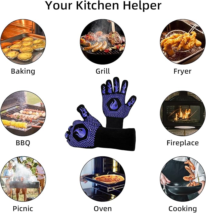 BBQ Fireproof Gloves, Grill Cut-Resistant 1472°F Heat Resistant Gloves, Non-Slip Silicone Oven Gloves, Kitchen Safe Cooking Gloves for Oven Mitts,Barbecue,Cooking, Frying,13.5 Inch-Blue