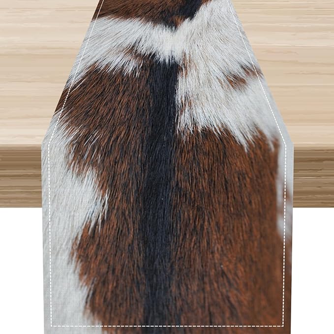 Cow Print Table Runner, Brown Cowhide Print Western Style Table Runner Country Farmhouse Cottage Cow Pattern Linen Table Decoration for Home Kitchen Dining 13x108