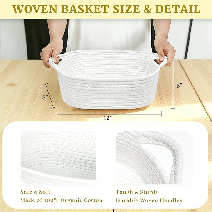 Succwoah 8 Pack Small Woven Baskets with Gift Bags & Ribbons & Cards, Cotton Rope Nursery Storage with Handles, 12"x8"x5", Empty Gift Baskets for Baby Shower, Christmas, Thanksgiving, Organizer (White)