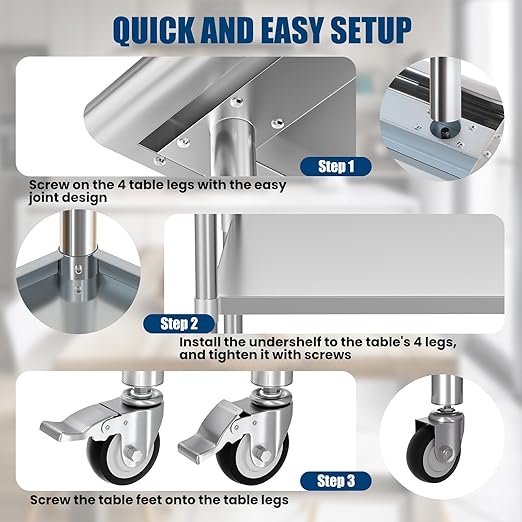 Stainless Steel Work Table with Wheels, 14x30 Inch NSF Food Prep Table with Backsplash & Adjustable Undershelf for Commercial Kitchen, Restaurant, Garage