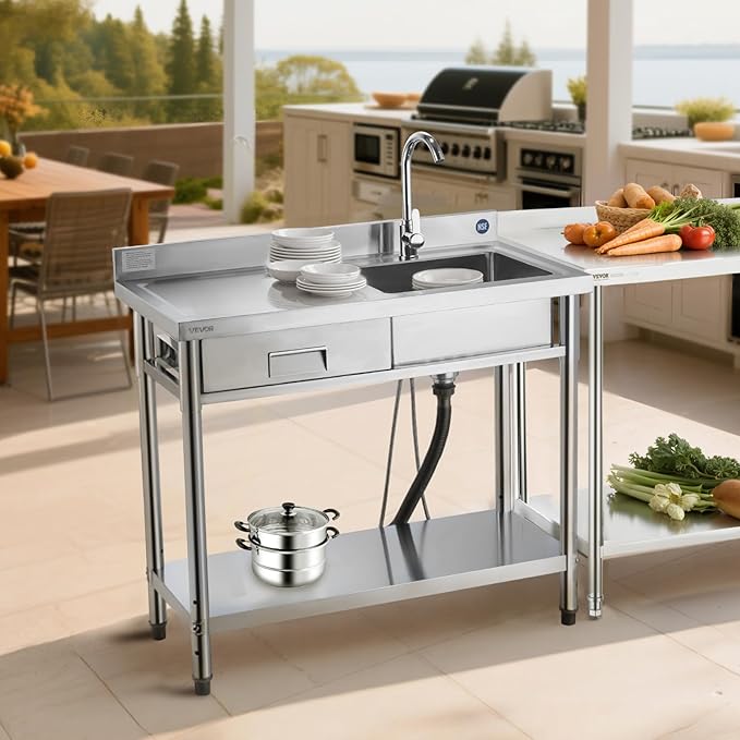 VEVOR Stainless Steel Utility Sink, Free Standing Single Bowl Commercial Kitchen Sink with Drawer, Faucet and Hot & Cold Water Pipe, Utility Basin for Garage Restaurant Laundry, 39.4 x 19.7 x 37 in